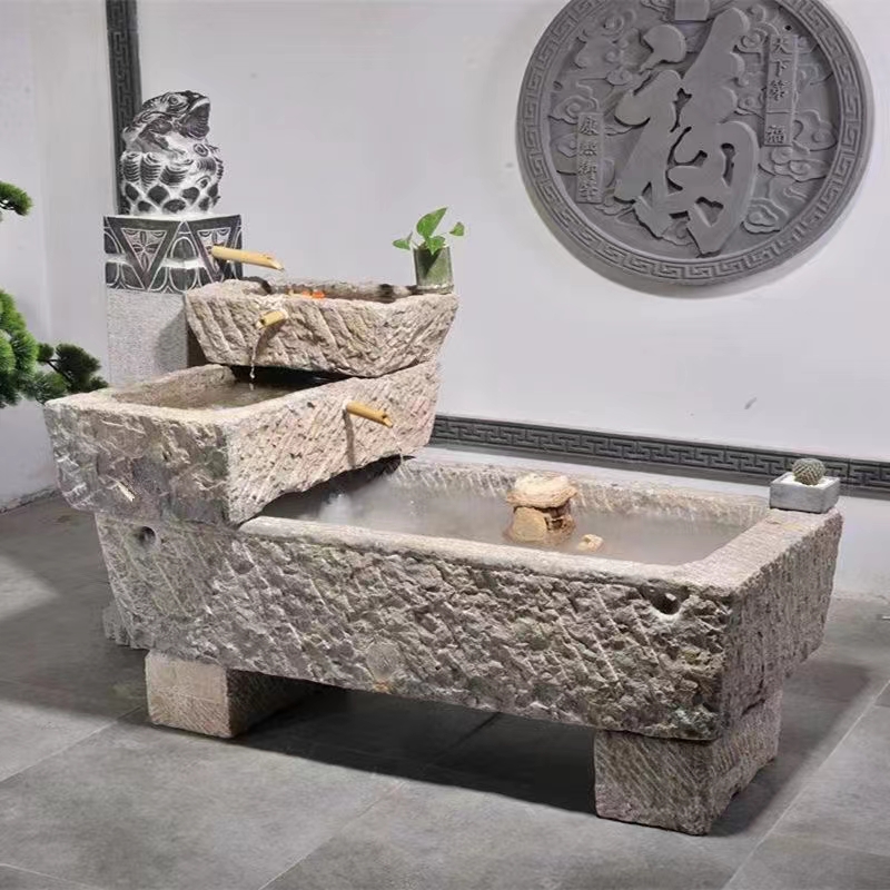 老石槽水槽石头养鱼缸户外庭院洗手盆天然青石循环水组合养花摆件