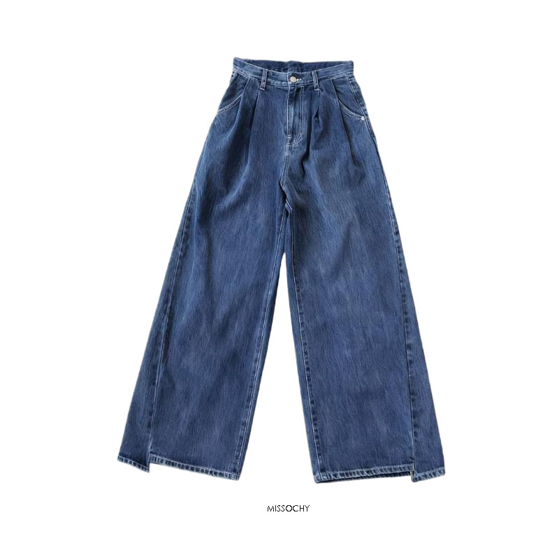 日本冈山进口 时髦减龄不规则裤脚设计宽松阔腿牛仔裤