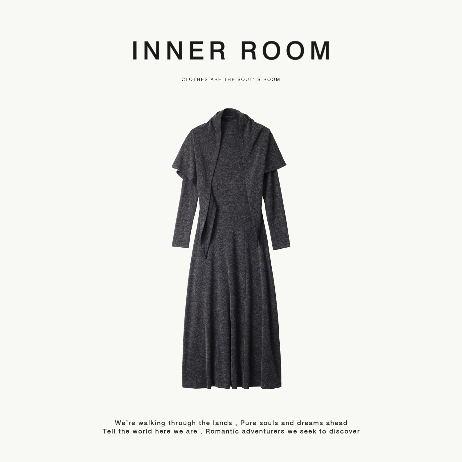 INNER ROOM极简灰色长袖披肩针织连衣裙秋冬百搭显瘦半高领内搭