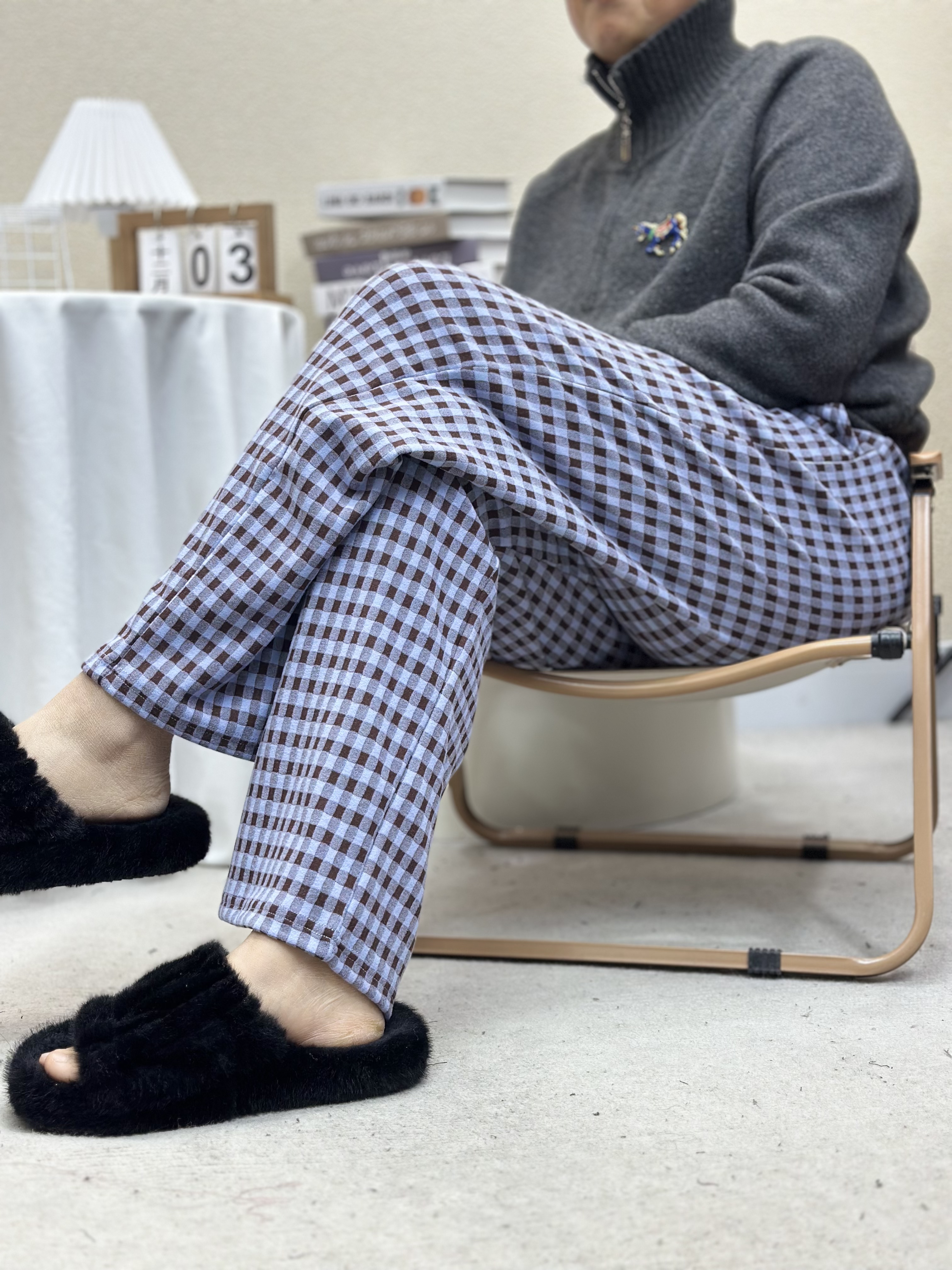 玛丽格德绒格子女冬季居家睡裤家居裤长裤休闲微弹宽松