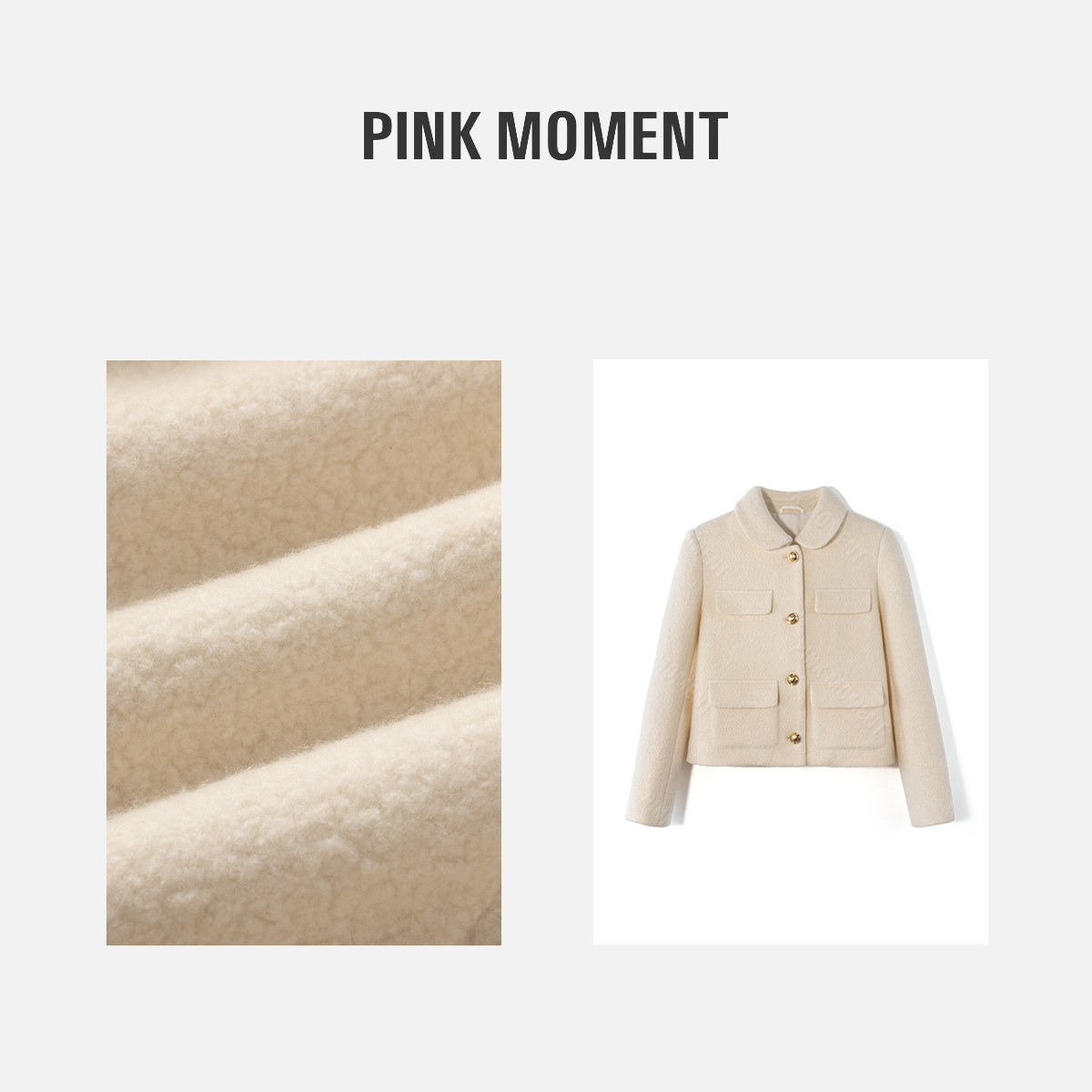 PM王囡囡 米白色羊毛翻领多口袋短款外套 ND1D2272