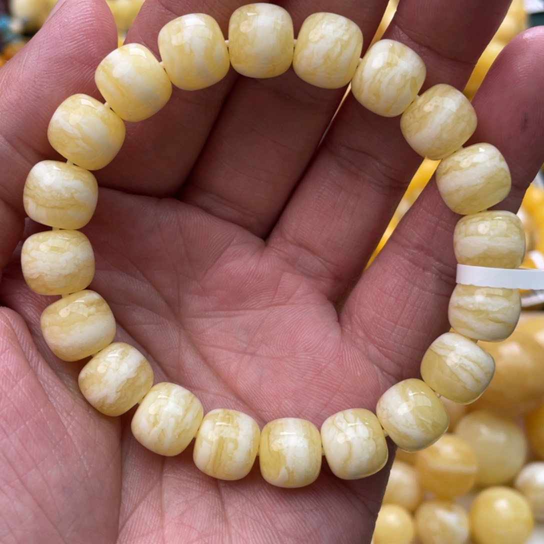 蜜蜡珠宝奇石未镶嵌11mm俄瓷白虎皮同料老型手串16.2