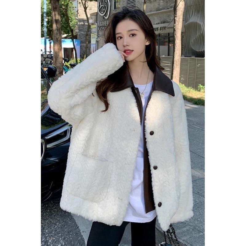 毛毛外套女装冬季韩版新款皮拼接加绒加厚两穿宽松长袖衣