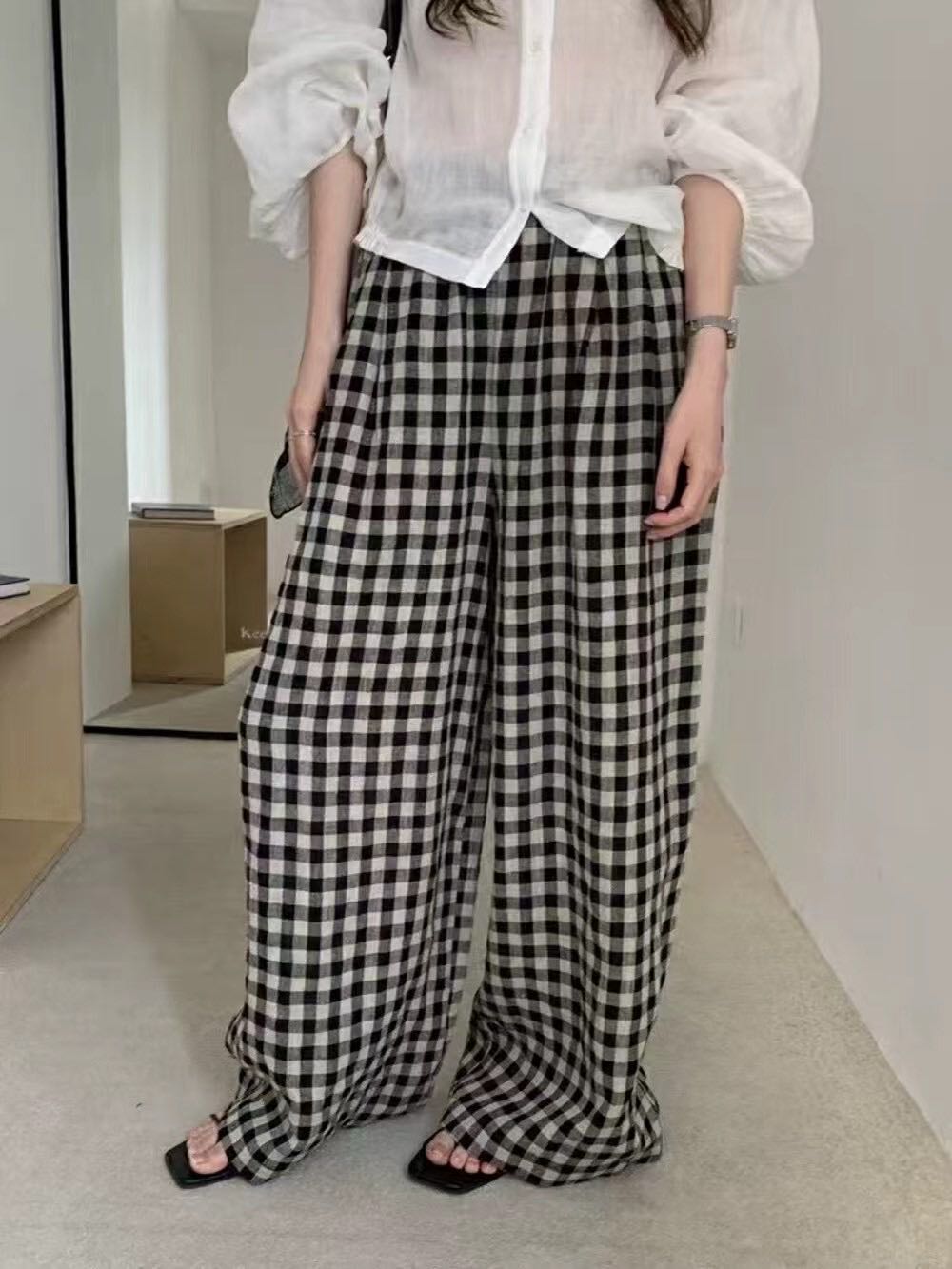 仓美美女装-格子阔腿休闲裤