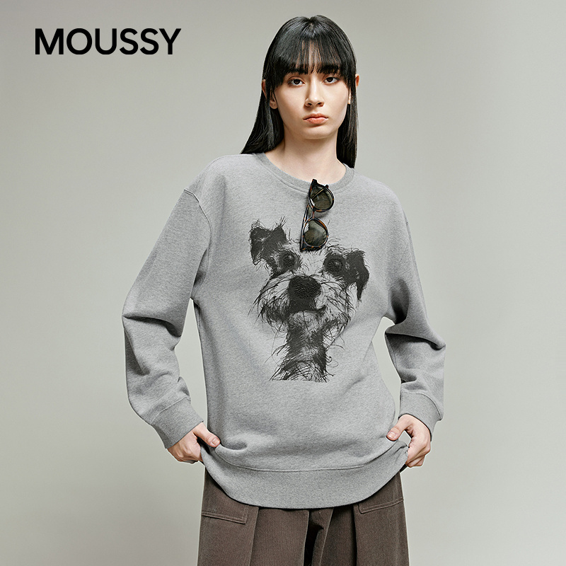 MOUSSY 2025冬季休闲慵懒小狗印花圆领套头卫衣028IAA90-1631