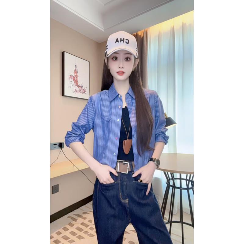【时尚格纹】秋季气质洋气休闲格子翻领条纹设计感长袖衬衫外套