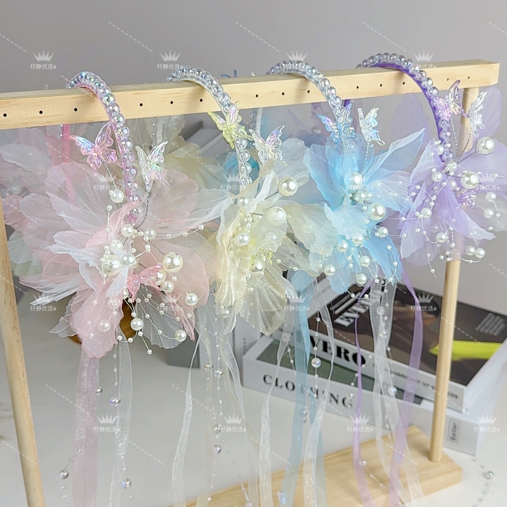 【杍静优选】欧根纱立体渐变蕾丝花朵服头饰发箍diy材料包粉蓝杏紫