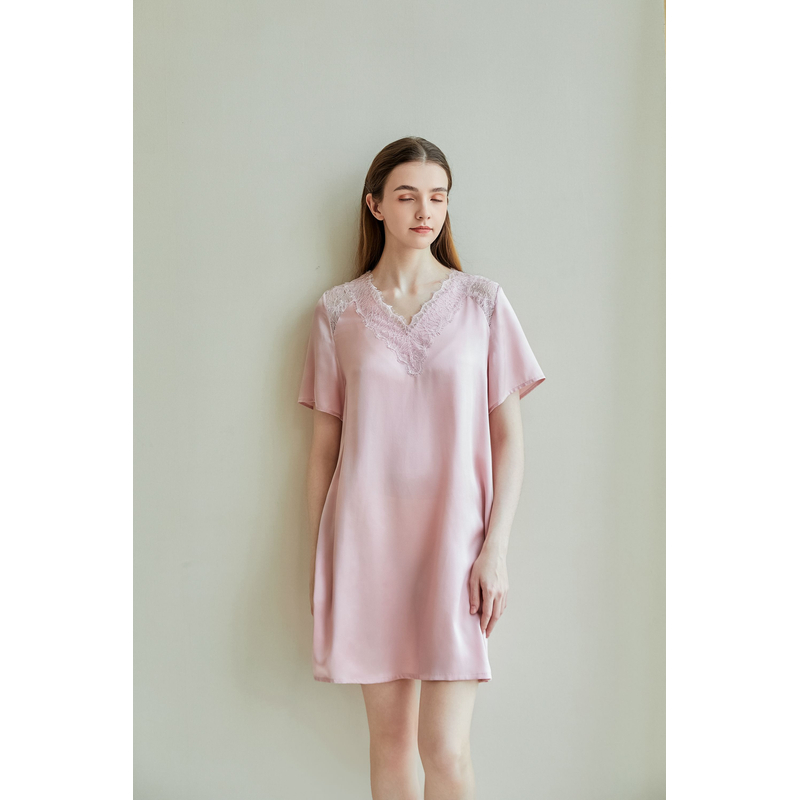 2025新款真丝睡裙V领柔软蕾丝边简约纯色100桑蚕丝家居外穿睡衣裙