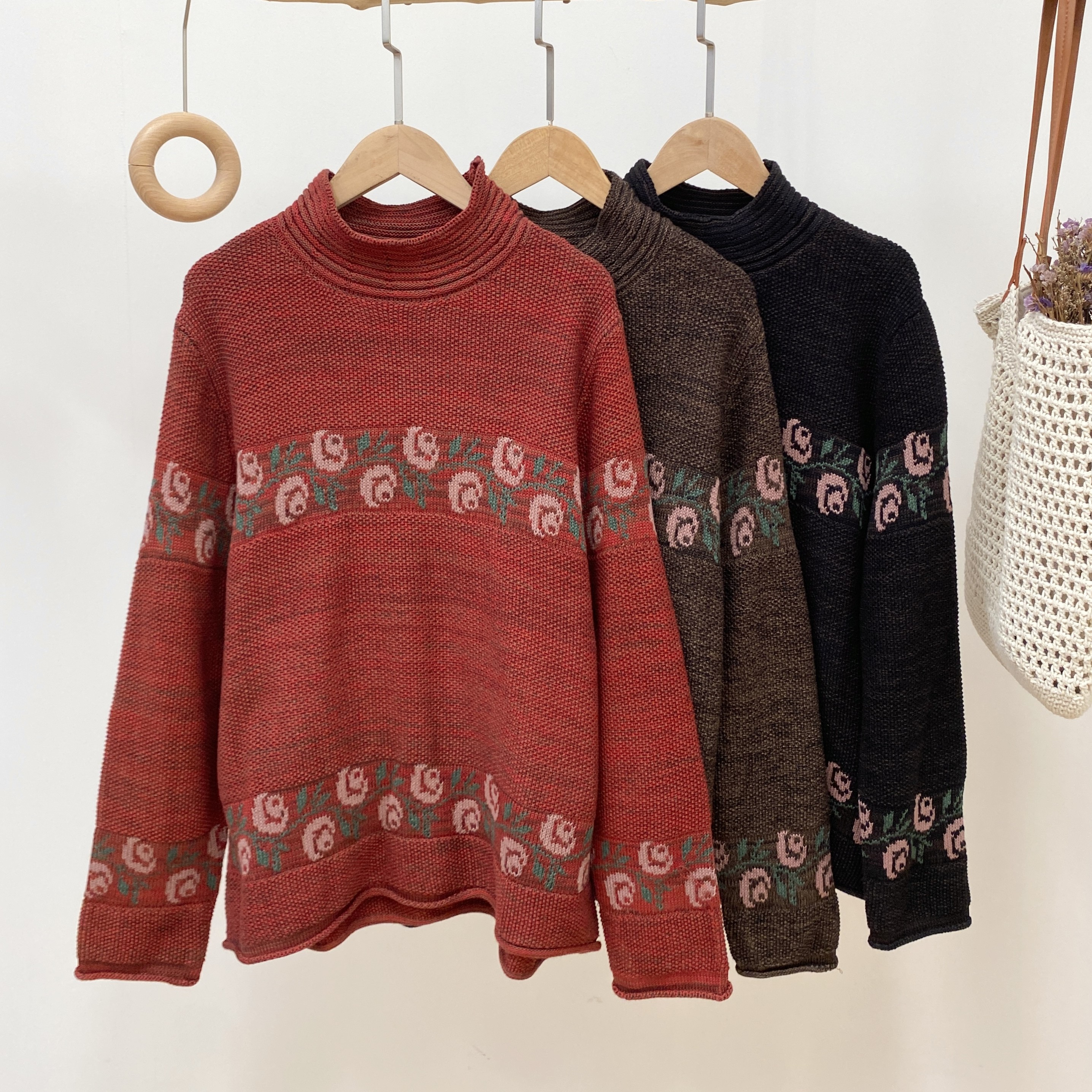 【半高领粉花提花棉线针织衫】4828