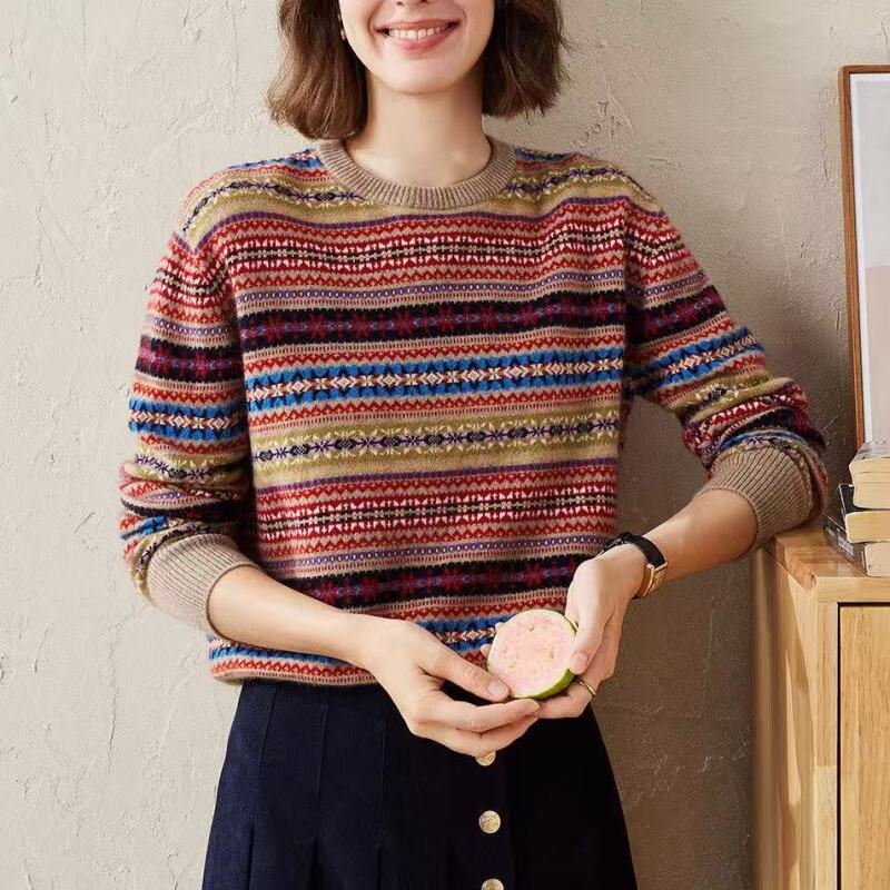 【彼岸花】秋冬季新款重工提花时尚百搭低圆领针织长袖473上衣毛衣