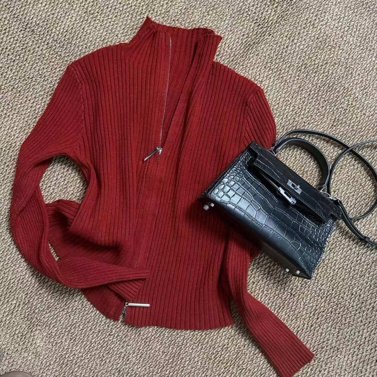 冬季新款气质双拉链长袖立领短款针织