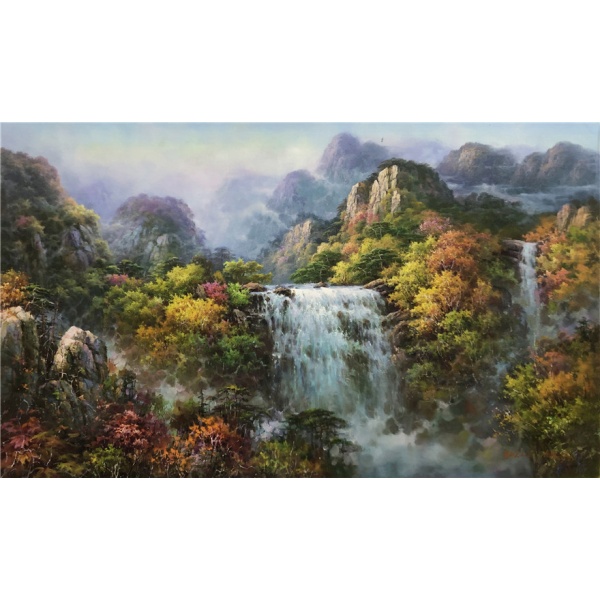 【朝鲜】原稿孤品纯手绘油画一级画家金镇日《瀑布山水画》15820