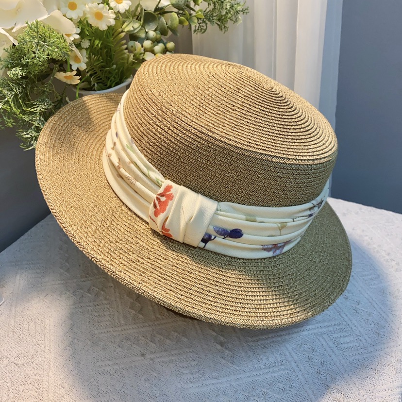 清新碎花织带平顶草帽海边太阳帽沙滩帽复古时尚遮阳防晒帽