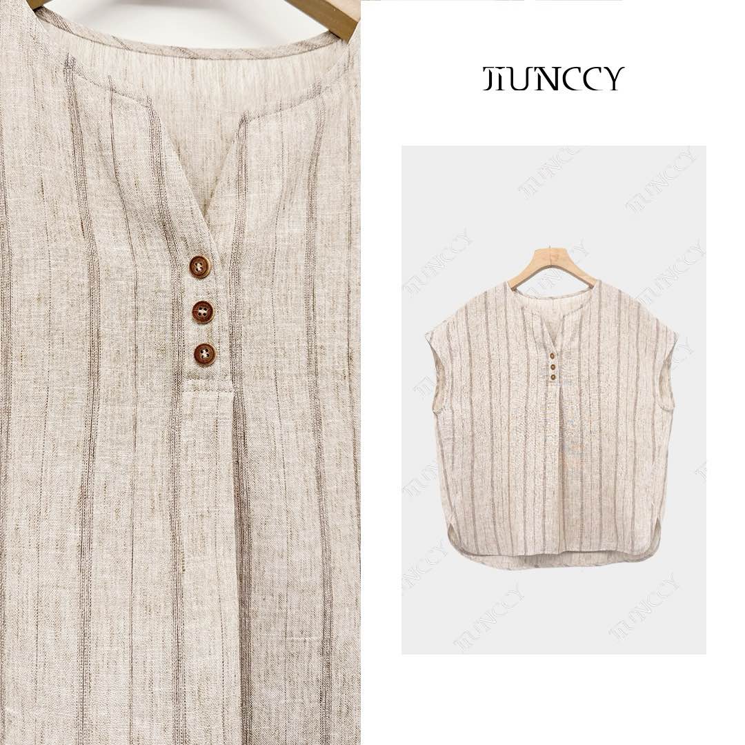 JIUNCCY【原林】麻感肌理纹色织条纹木扣连肩袖上衣 52YCY082