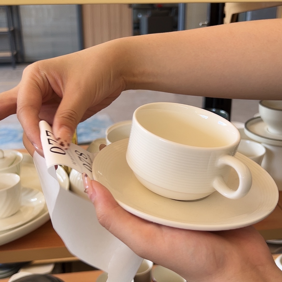 新骨瓷77微瑕白色暗线咖啡杯套装