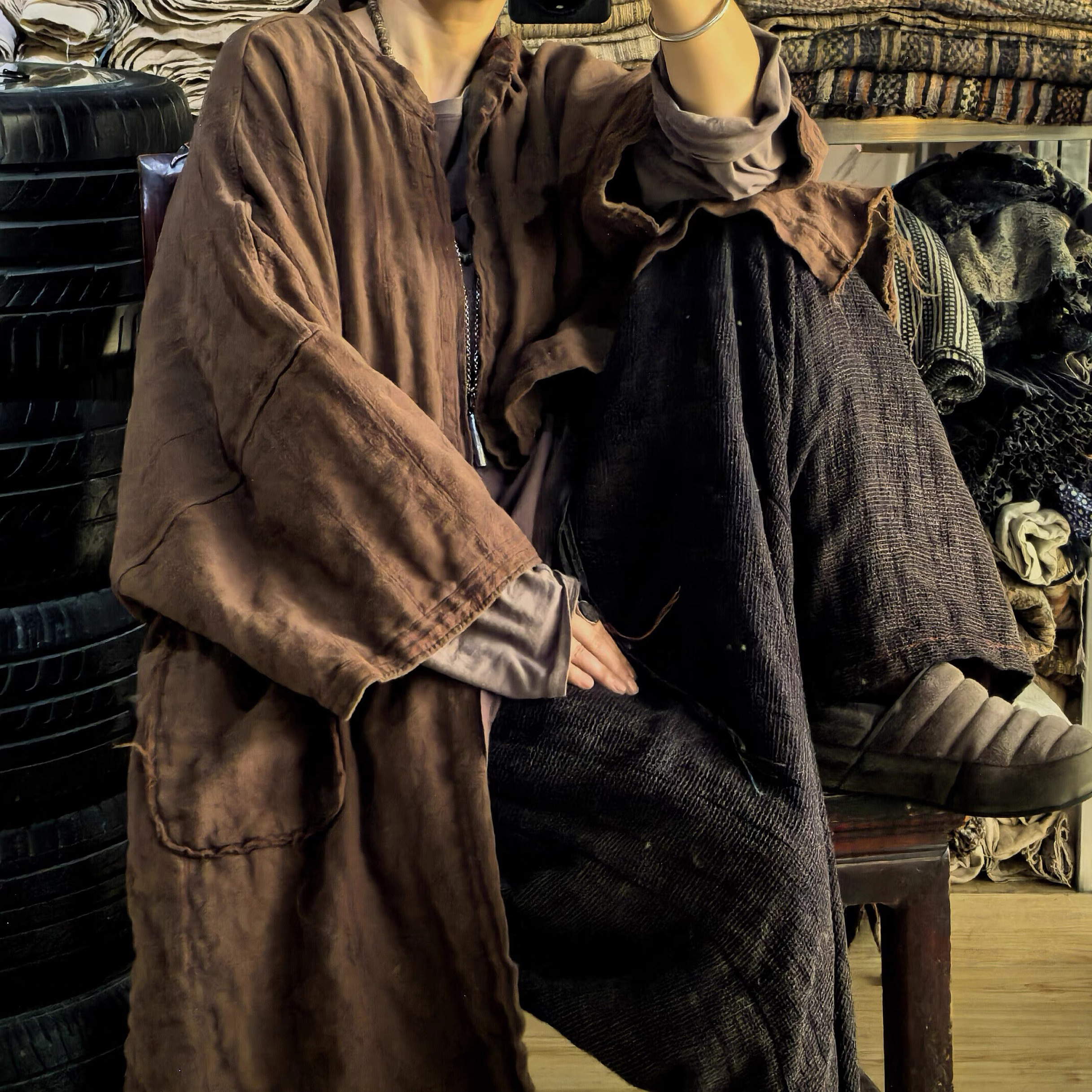 沉香布衣草堂 双层亚麻开衫中长衣外套 自制 手工线绗线C25w11281