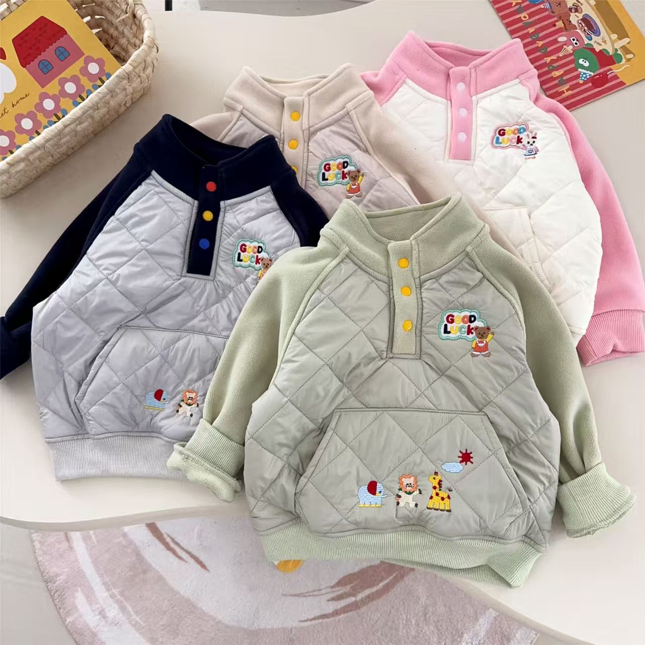 25年日系冬新男女童立领双层厚加绒保暖休闲卫衣宽松外穿9017