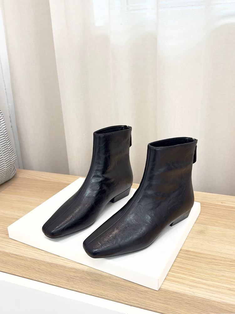 0088法式气质低跟短靴女新款中跟及踝靴春秋单靴方头粗跟瘦瘦靴子