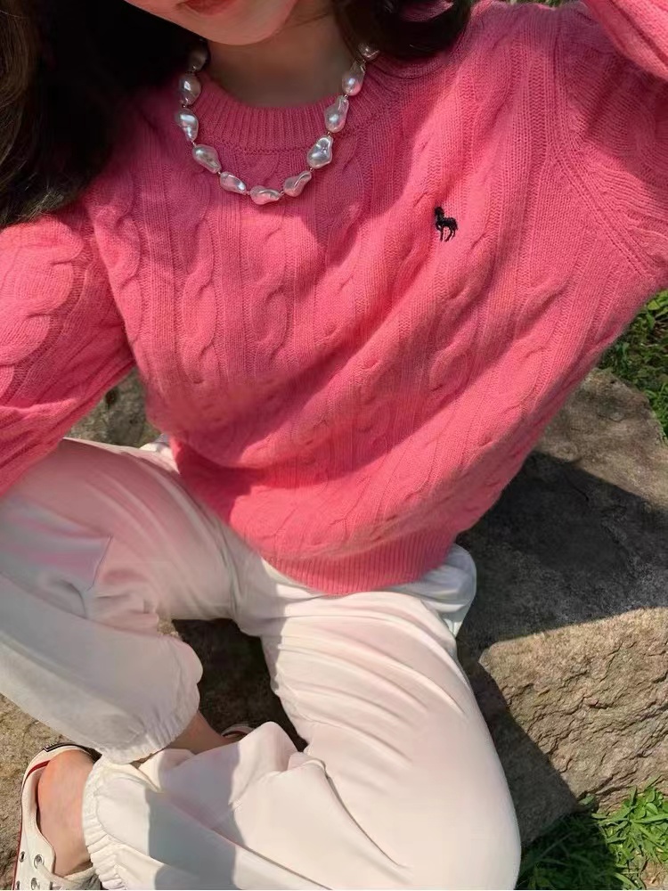 圆领针织衫女麻花刺绣休闲时尚羊绒长袖套头打底毛衣