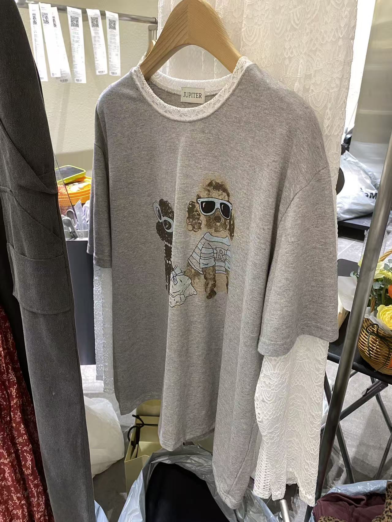 韩国东大门正品女装时尚卡通蕾丝拼接T恤081432（NO退NO换）