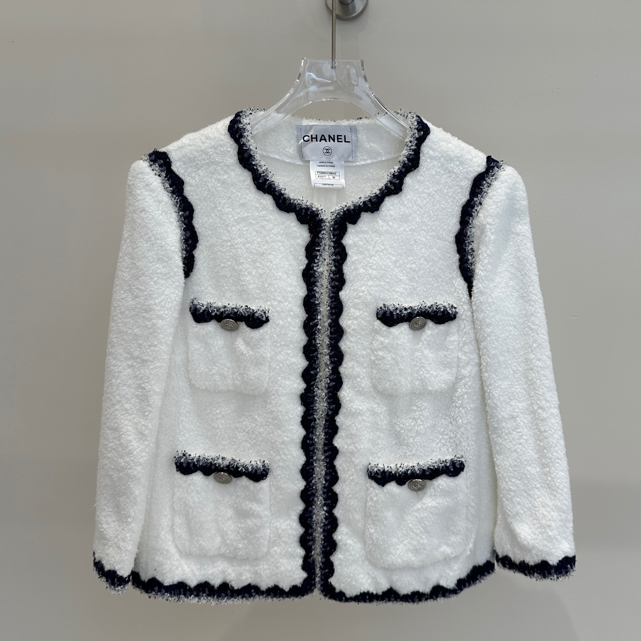 99新 Chanel/香奈儿 CH03220 12年蓝白毛巾面料编织滚边外套 36码