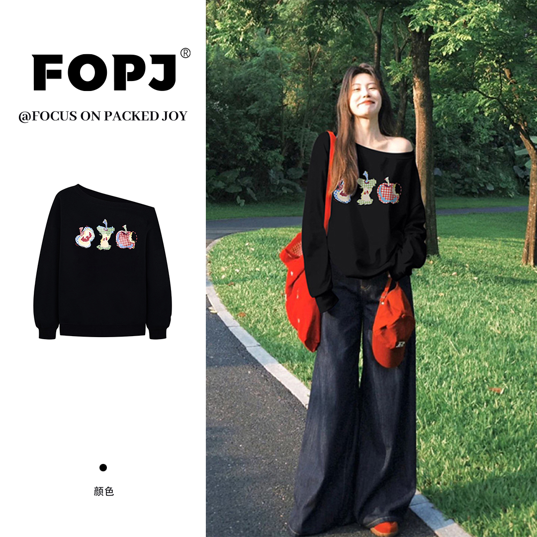 FOPJ韩系时尚印花慵懒风露肩宽松卫衣女春秋新款显瘦辣妹斜肩上衣