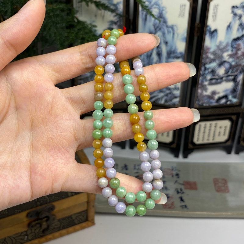 紫罗兰黄绿三彩满色圆珠项链手链 天然翡翠A货