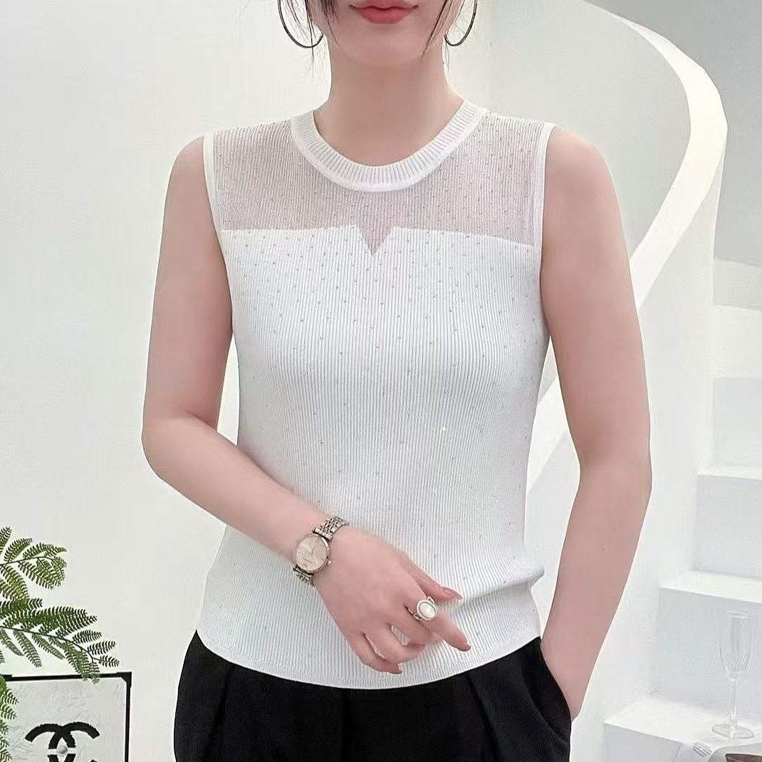 时尚烫钻拼接冰丝针织无袖背心秋季轻薄修身上衣女内搭