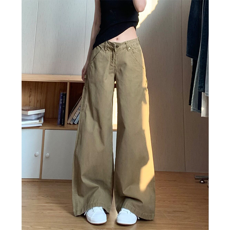 卡其色复古水洗工装牛仔裤女秋季新款做旧小个子低腰阔腿拖地裤子