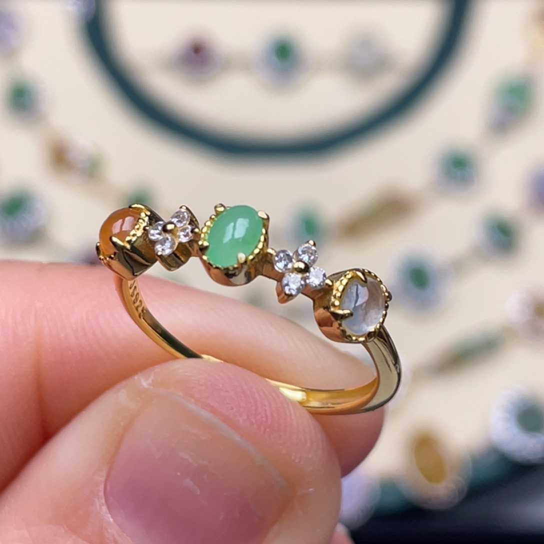 翡翠戒指银S925镶嵌纯天然缅甸翡翠