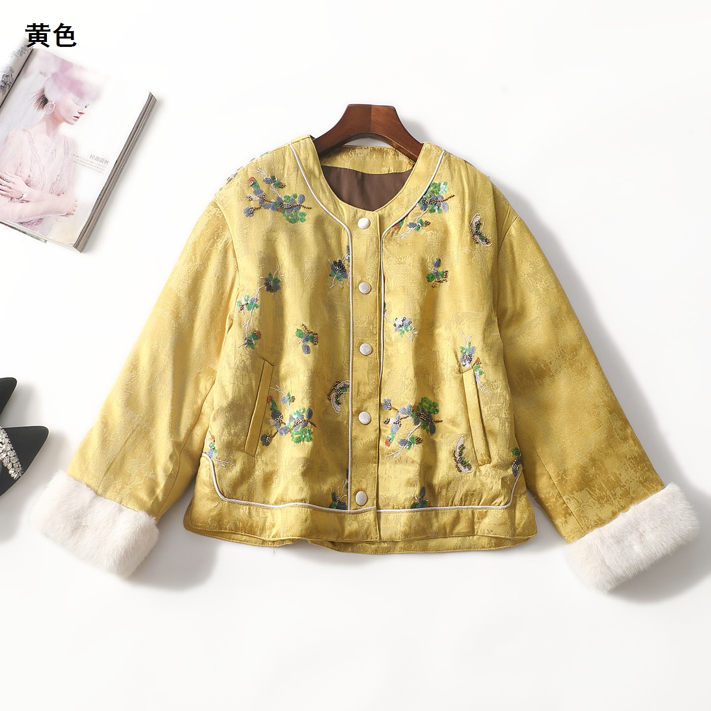 247893冬中长款长袖单排扣羽绒服加绒黄色保暖加厚短款冬季