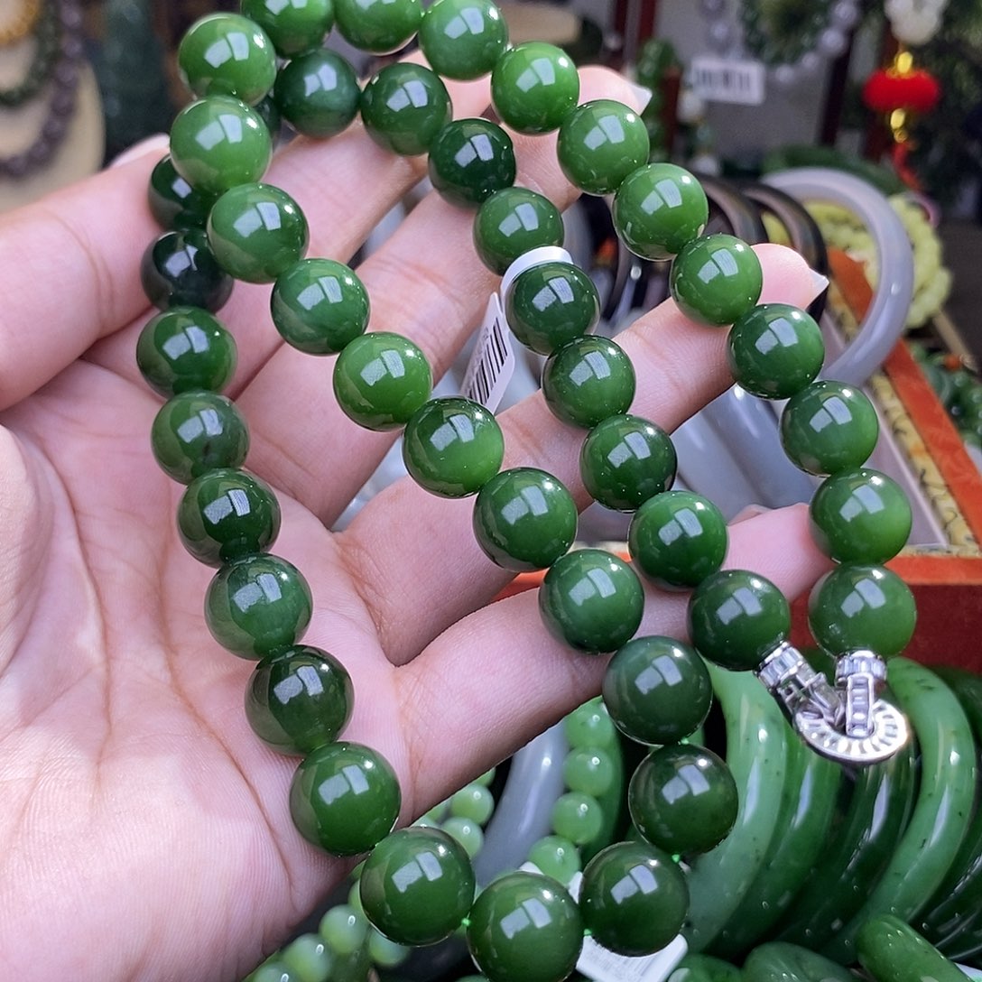 和田玉收藏级碧玉老矿菠菜绿妈妈链12mm未镶嵌