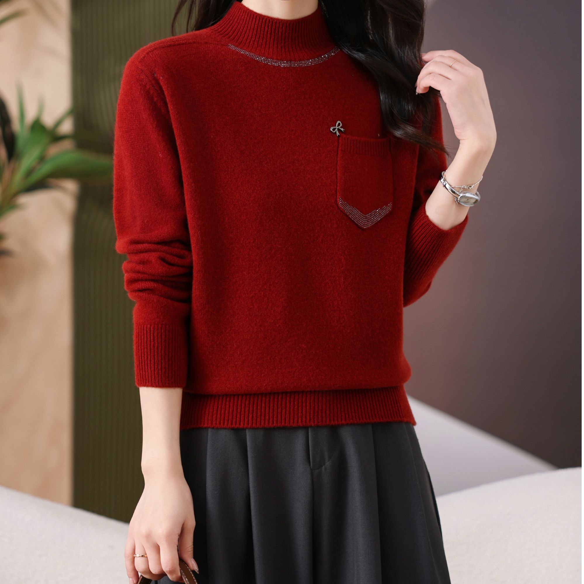 黛妍L8591冬季新款加厚100%羊毛百搭蝴蝶结口袋半高领针织上衣