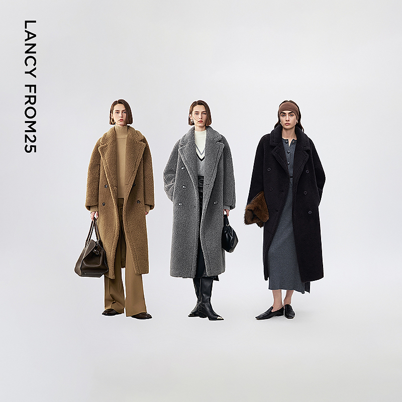 人造皮草 朗姿长款设计感毛呢大衣新款仿皮草气质通勤大衣高端冬