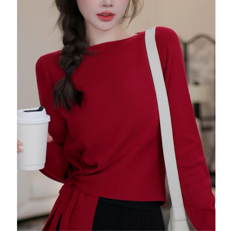 一字领针织衫女2026秋新款打底长袖内搭设计感气质修身显瘦F8-23