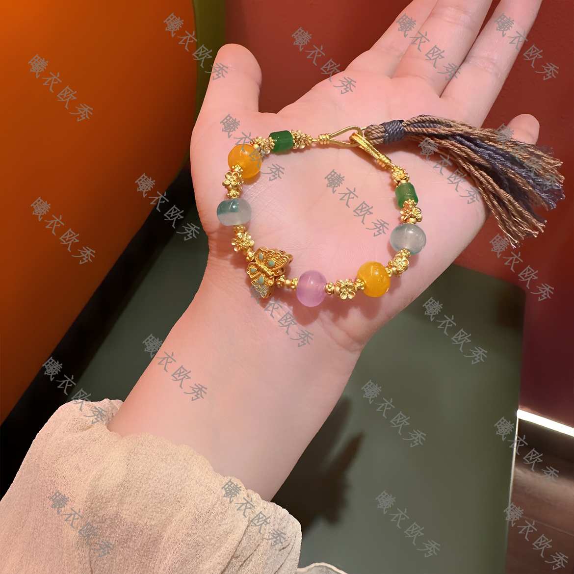 非金属布艺手链 辰曦同款【梦蝶】创意款新中式弹力绳氛围感手链