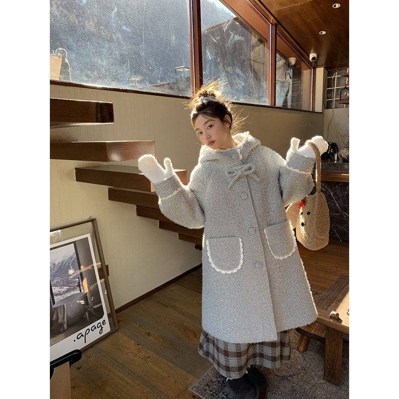 Jiang jam/姜姜姜酱少女蝴蝶结连帽大衣中长毛呢外套