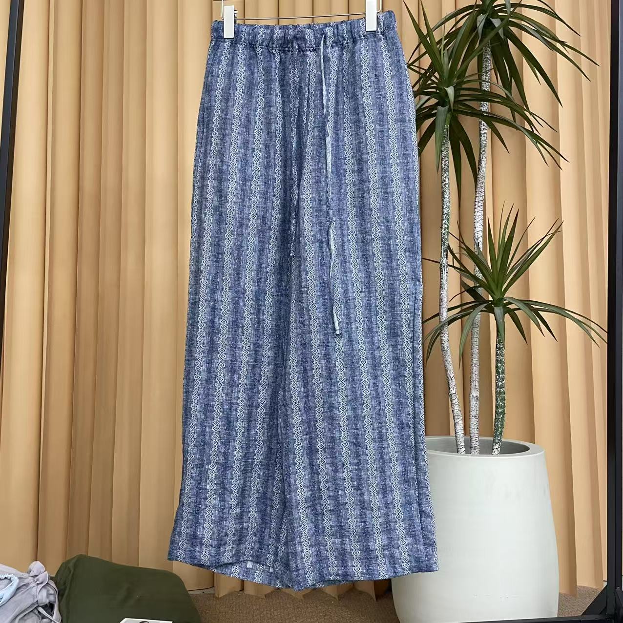 【蓝屿微风】夏季女款透气抑菌宽松百搭100%亚麻直筒条纹阔腿裤 052