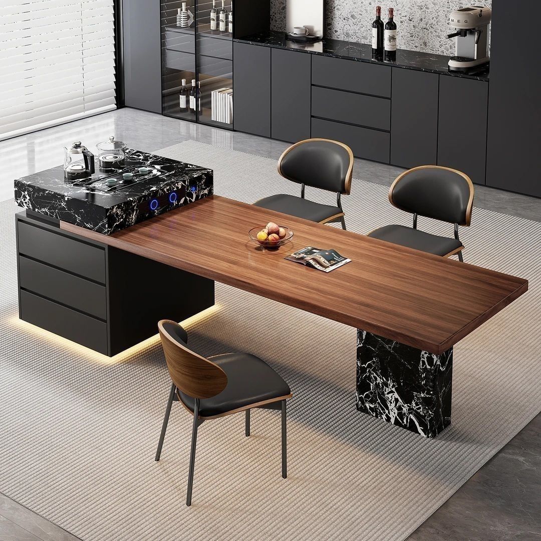 意式岩板岛台餐桌一体可伸缩多功能家用大户型厨房中岛