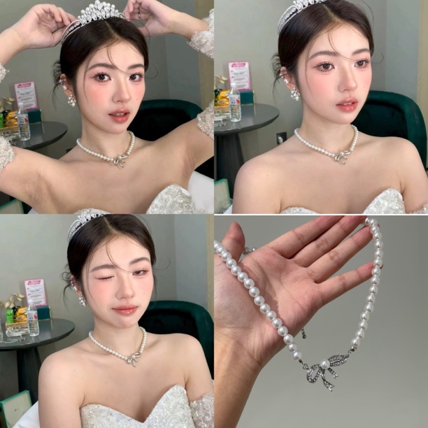 非金属仿珍珠项链 3026新款蝴蝶结珍珠项链精致新娘晨袍礼服项链