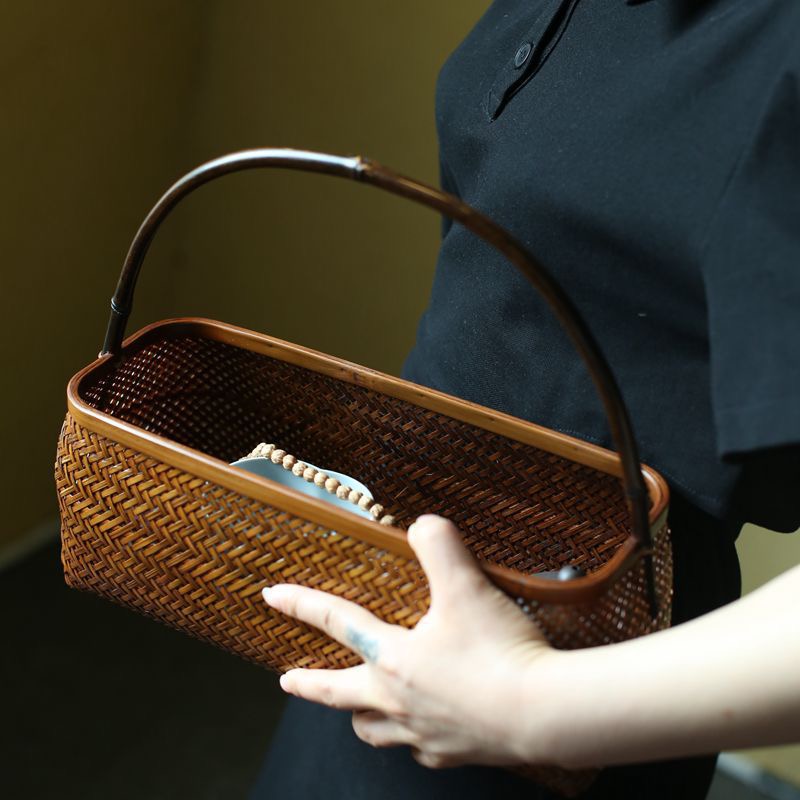 手工大漆竹编收纳筐茶道配件茶具收纳盒 复古禅意新中式水果篮