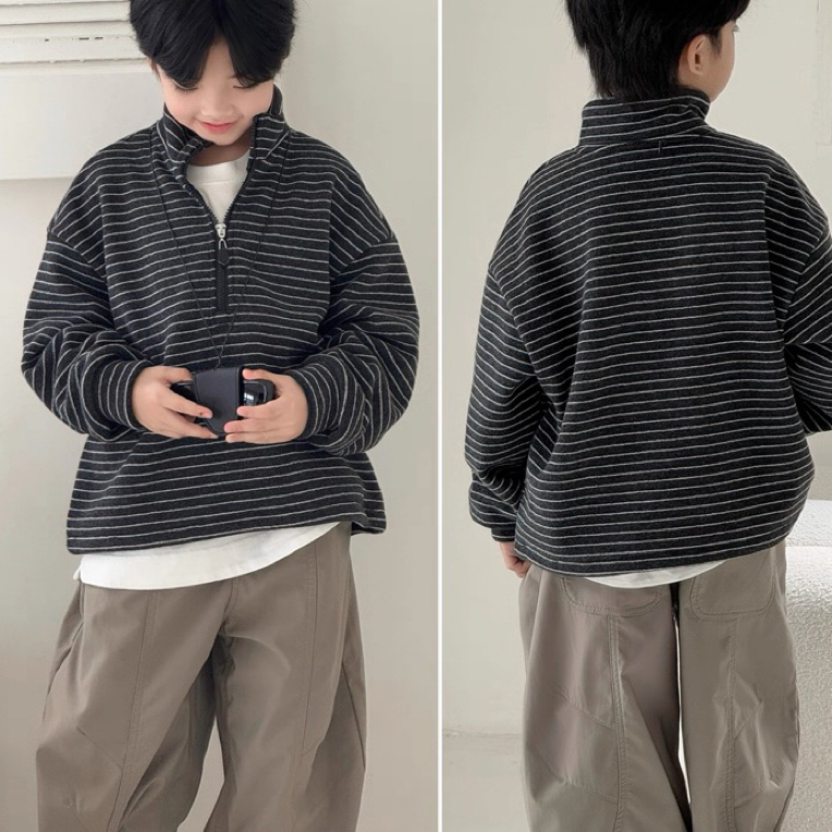 6903童装条纹加绒半拉锁卫衣