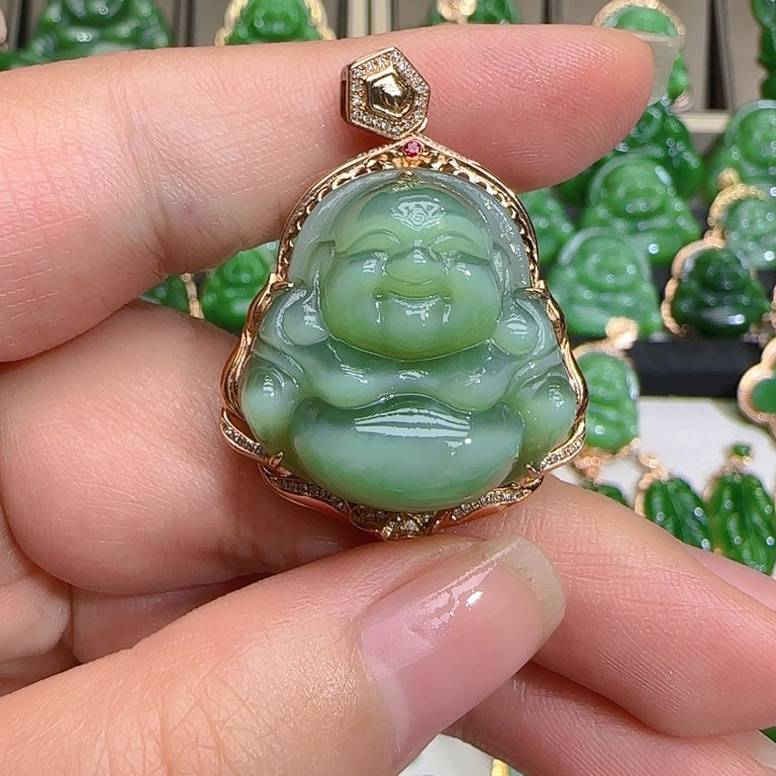 和田玉（碧玉）吊坠(不含链)18K金镶嵌小****舞