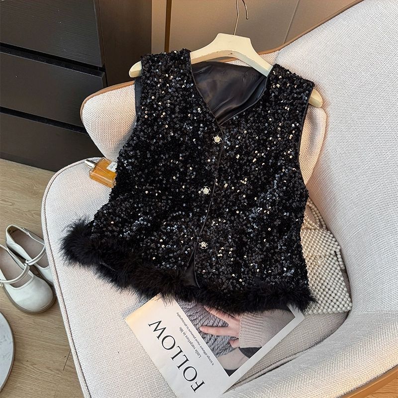 法式气质亮闪闪流苏毛毛V领马甲背心女秋2025名媛风宽松减龄上衣