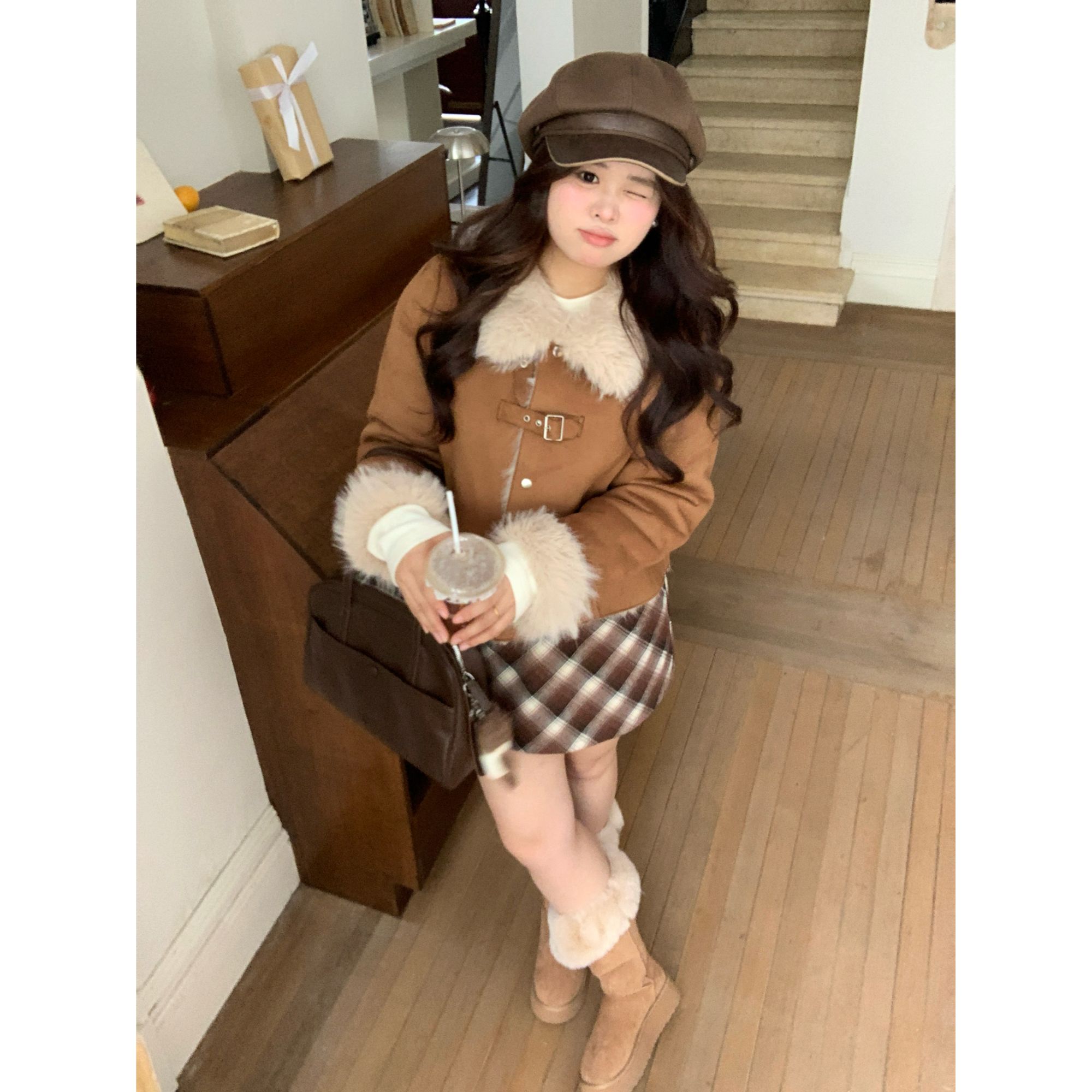 【邮集少女】大头婷丫丫微胖定制复古百搭格纹高腰A字半身裙 ZX231