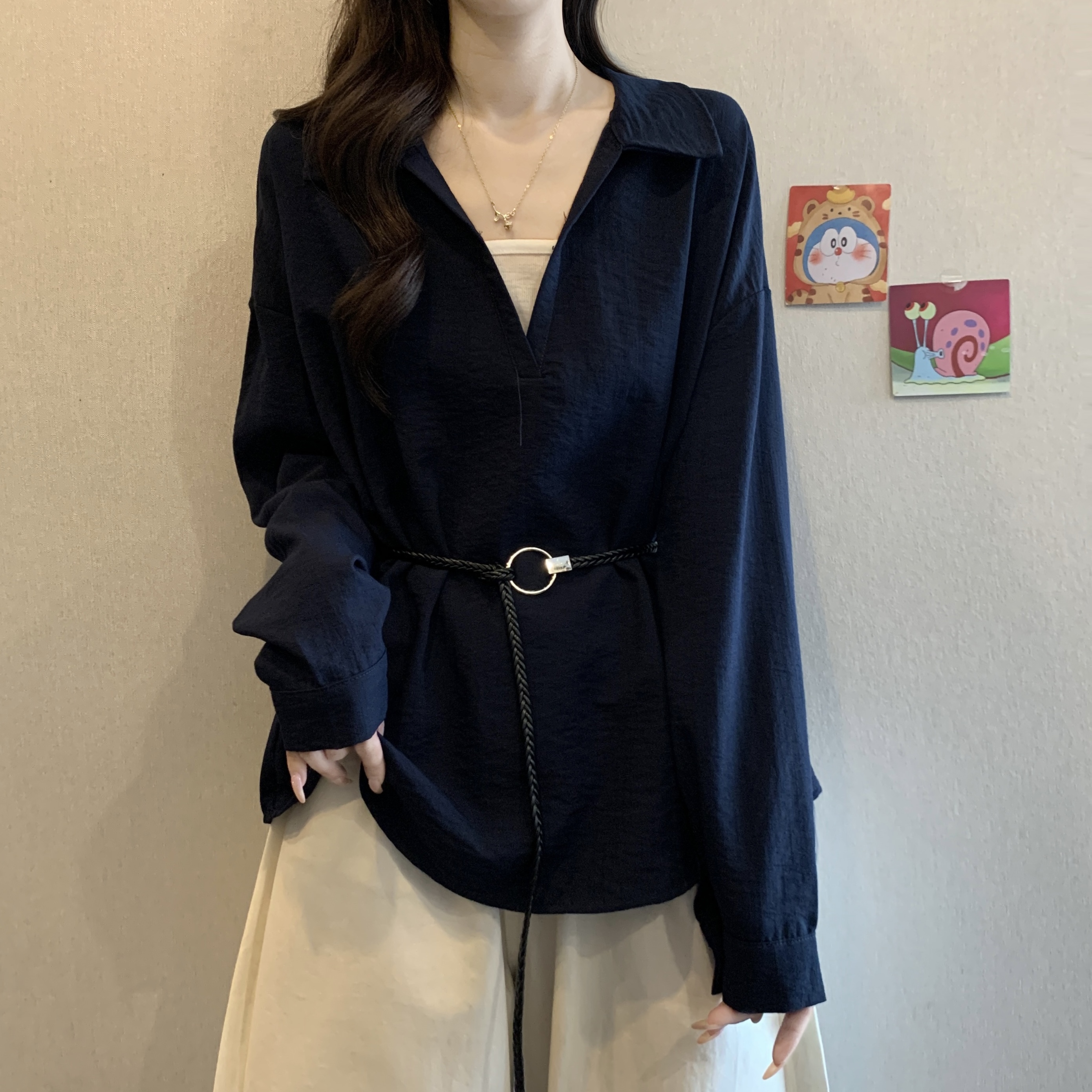 假两件设计感v领长袖衬衫大码女装2025早秋新款胖mm收腰遮肚上衣