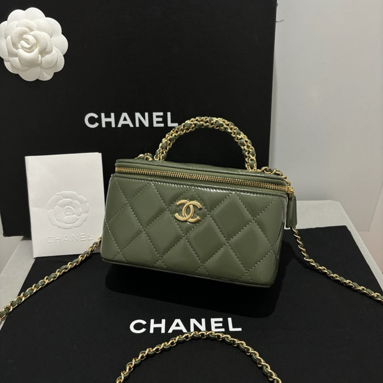 99新 Chanel/香奈儿 8940 绿金油蜡皮麻花手柄化妆盒斜挎包芯片款