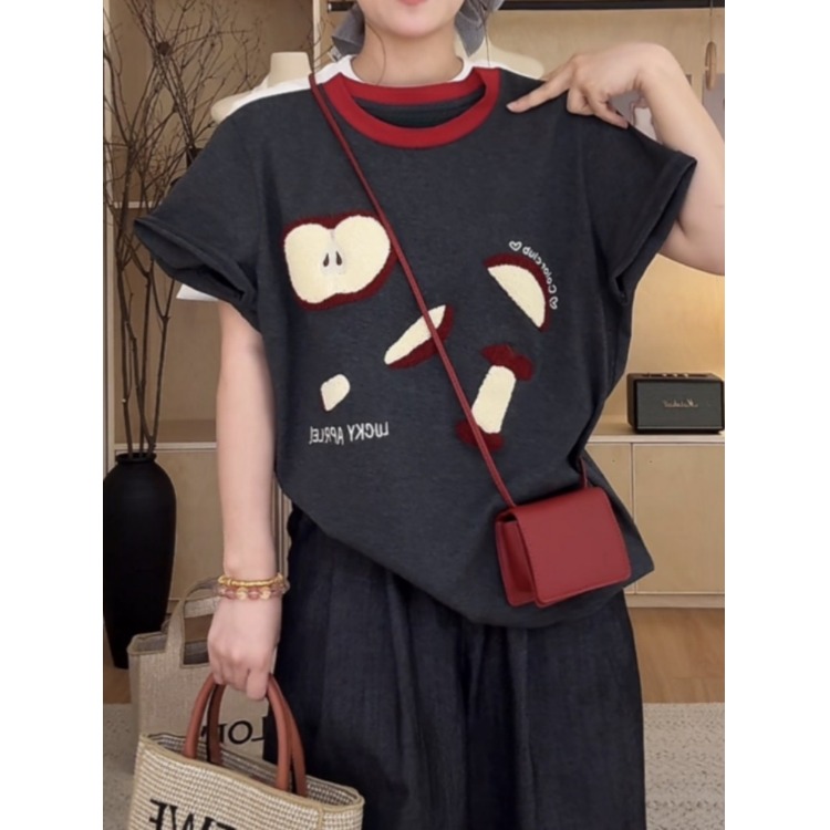 【现货】胖短袖T恤女夏季新款撞色设计感体恤胖MM遮肉显瘦上衣-7312