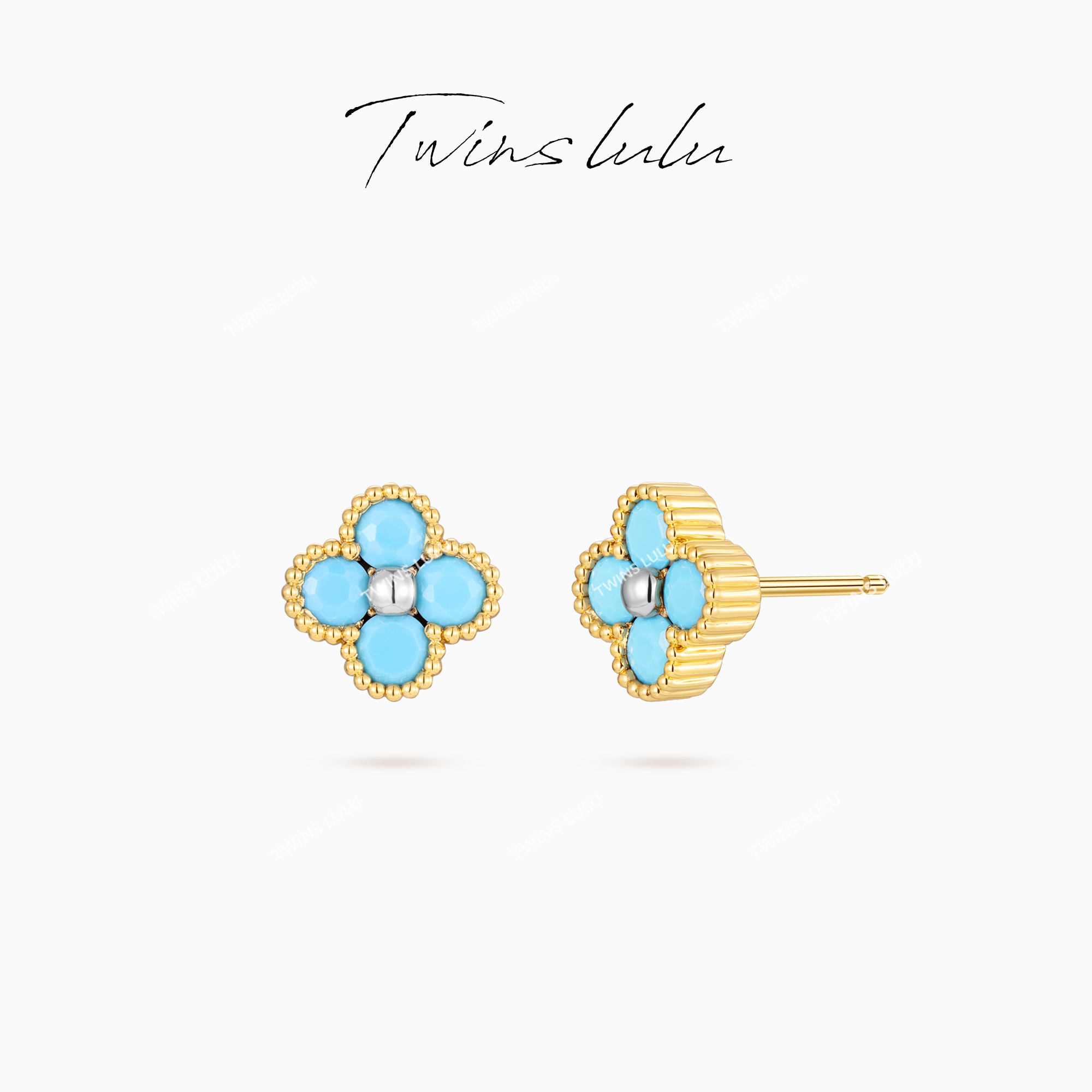TWINS LULU 镀K金 新年款 简约气质轻奢精致蓝色四叶耳环TSL3039