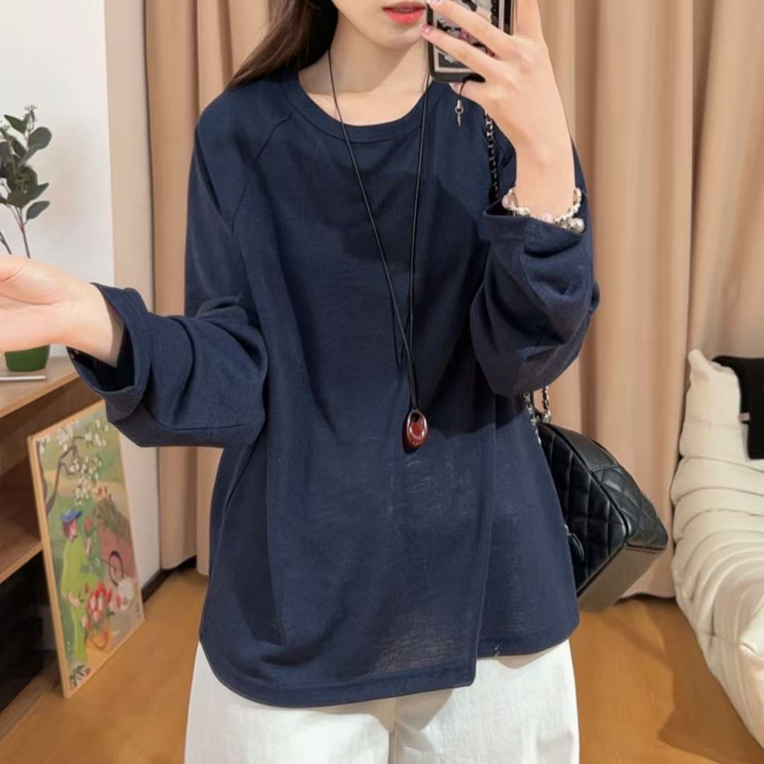 84509余小鱼【轻松满格】三色带杂色时尚宽松圆领插肩袖长袖T恤女装